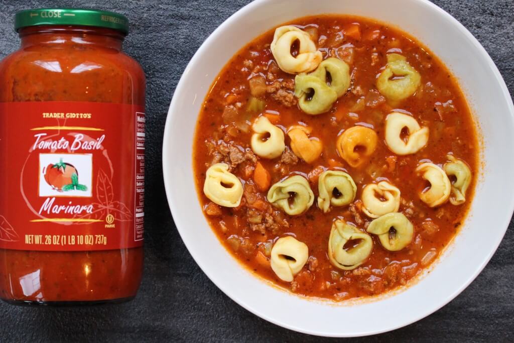 Italian Beef Tortellini Soup is made with jarred marinara sauce and lean ground beef. Tricolored tortellini make it super kid-friendly too! 