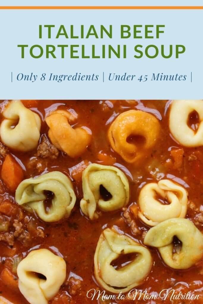 Italian beef tortellini soup is made with jarred marinara sauce and lean ground beef. Tricolored tortellini make it super kid-friendly too! #tortellinisoup #italianbeefrecipes #italianbeefrecipeseasy #italianbeefrecipehealthy #kidfriendlymeals #kidfriendlyrecipes #kidfriendlyrecipeseasy