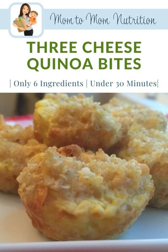 Three Cheese Quinoa Bites - Mom to Mom Nutrition Three-Cheese Quinoa Bites are a quick and healthy kid-friendly food that are packed with protein from the quinoa, cheese, and egg.