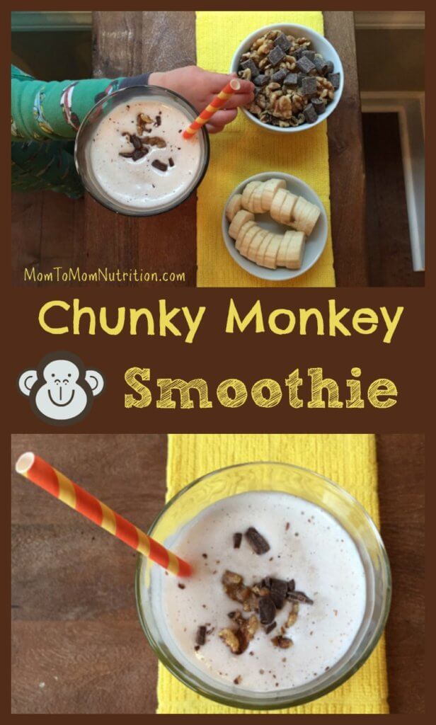 chunkymonkeysmoothie - Mom to Mom Nutrition The classic Ben and Jerry's ice cream is recreated into a healthier snack-worthy chunky monkey smoothie recipe.