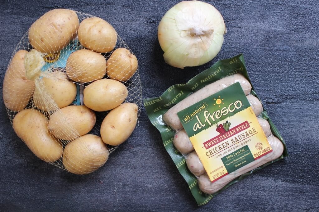 IMG_2420 - Mom to Mom Nutrition Sausage, potatoes, and onions come together to make an easy weeknight meal ready in 30 minutes and complete with one dish to clean.
