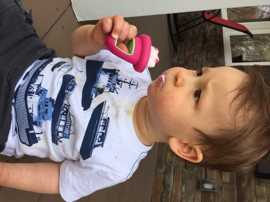 Frozen yogurt popsicles made with vanilla greek yogurt and fresh strawberries