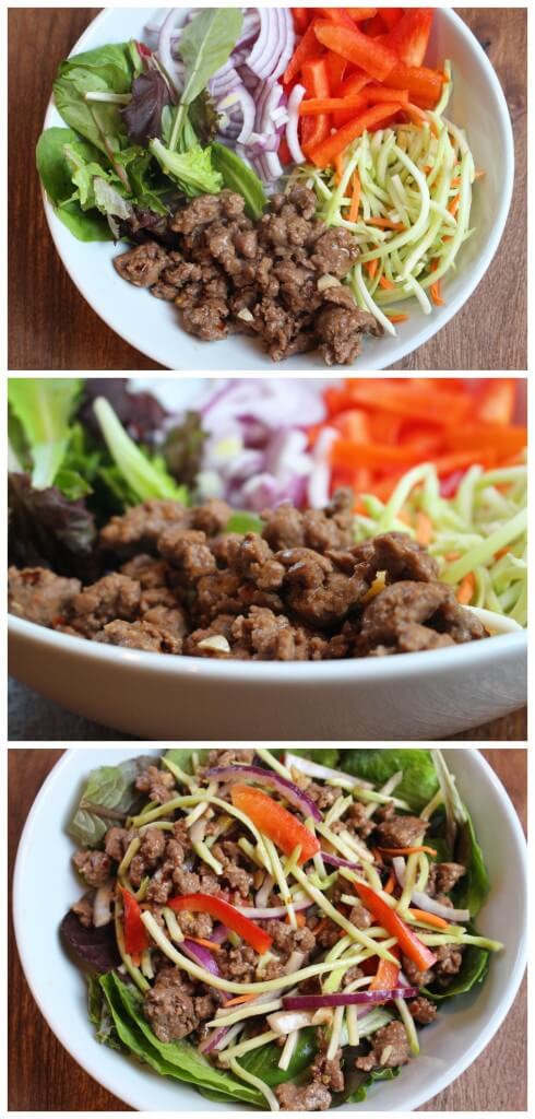 Thai Beef Salad pairs a spicy peanut sauce with fresh veggies and lean ground beef to make on easy weeknight meal