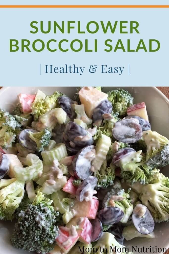 Sunflower Broccoli Salad - Mom to Mom Nutrition Light and crunchy, this sunflower broccoli salad made with Greek yogurt dressing is the perfect main or side to any meal.