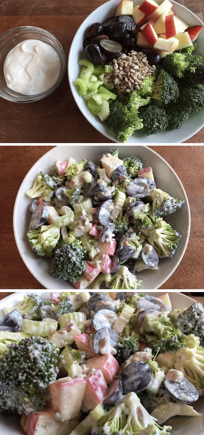 Untitled design (4) - Mom to Mom Nutrition Traditional broccoli salad is made with fresh fruit, crunchy vegetables, and sunflower seeds and topped with a sweet and savory Greek yogurt dressing.