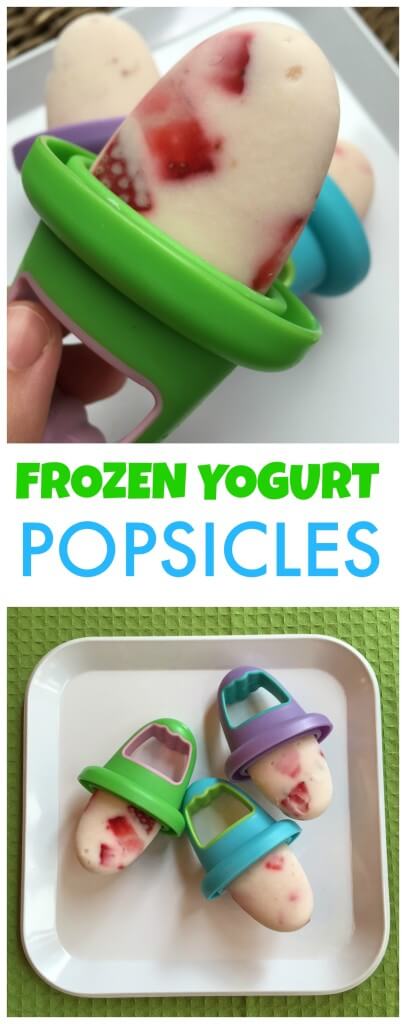 Frozen yogurt popsicles made with vanilla greek yogurt and fresh strawberries