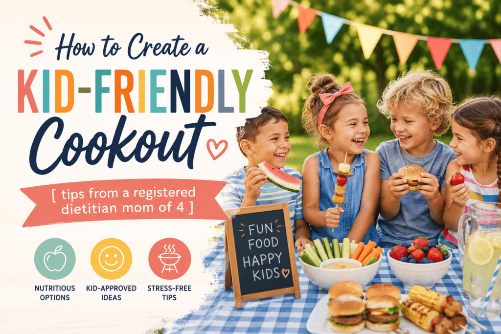 Plan a kid-friendly cookout the whole family will love. 5 easy tips from a dietitian + mom of four, plus a simple kid-approved menu and drink ideas.