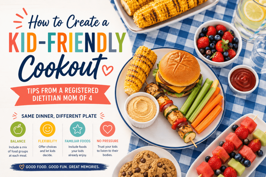 Plan a kid-friendly cookout the whole family will love. 5 easy tips from a dietitian + mom of four, plus a simple kid-approved menu and drink ideas.