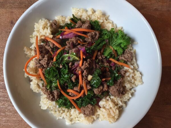 IMG_3980 - Mom to Mom Nutrition Ready in less than 30 minutes, Ground Beef and Kale Stir-Fry makes a simple yet nutritious weeknight meal.