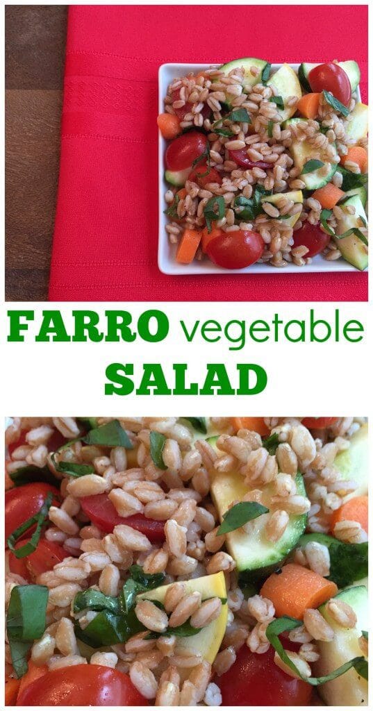 PicMonkey Collage - Mom to Mom Nutrition Farro Vegetable Salad makes a flavorful and healthy side dish packed with vegetables and a fresh lemon basil dressing. Plus it's gluten free!