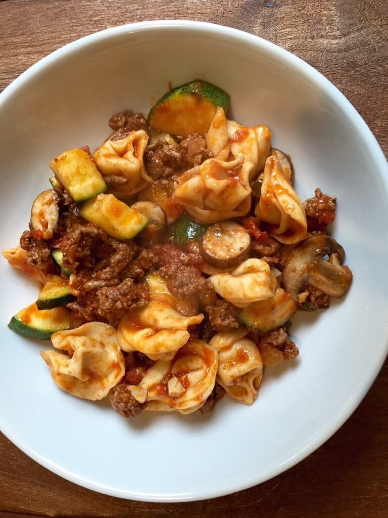 Store bought marinara sauce feels homemade simmered with beef and veggies in this Ground Beef Tortellini Skillet.