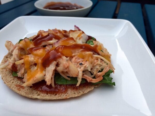 IMG_4243 - Mom to Mom Nutrition With bottled sauce, pre-cooked chicken, and fresh veggie toppings, these BBQ Chicken Flatbread Pizzas come together in minutes!