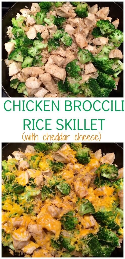 Chicken Broccoli Rice Skillet with Cheddar Cheese skips the canned cream soup and is ready in less than 30 minutes.