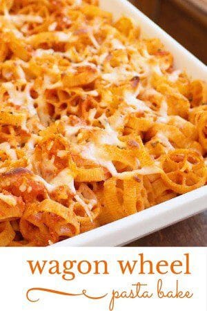 Wagon Wheel Pasta Bake is a quick and easy make ahead meal that is perfect for dinner and reheated for lunch the next day! A true cook once dine twice meal.