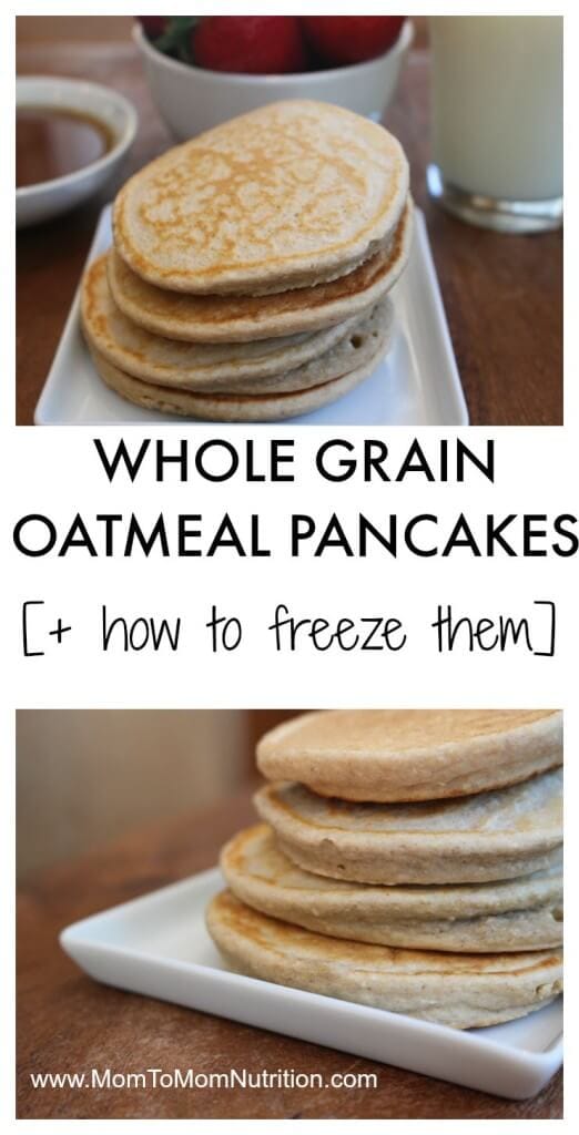 An easy and easy and healthy recipe for whole wheat oatmeal pancakes. Make a big batch, freeze, then reheat for busy mornings!