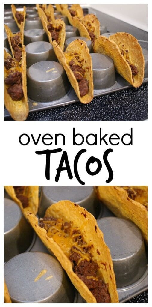 Make the crispiest oven baked tacos by flipping over your muffin pan--- and filling them with simple ingredients like lean ground beef and shredded cheese.