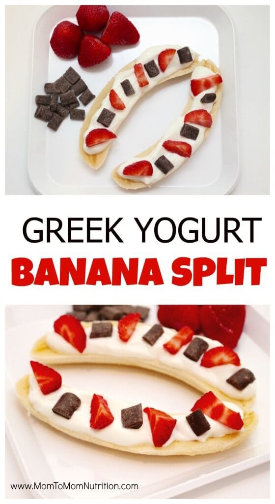 PicMonkey Collage - Mom to Mom Nutrition Greek Yogurt Banana Split is healthy twist on the classic indulgent dessert, made with Greek yogurt, fresh berries, and dark chocolate.