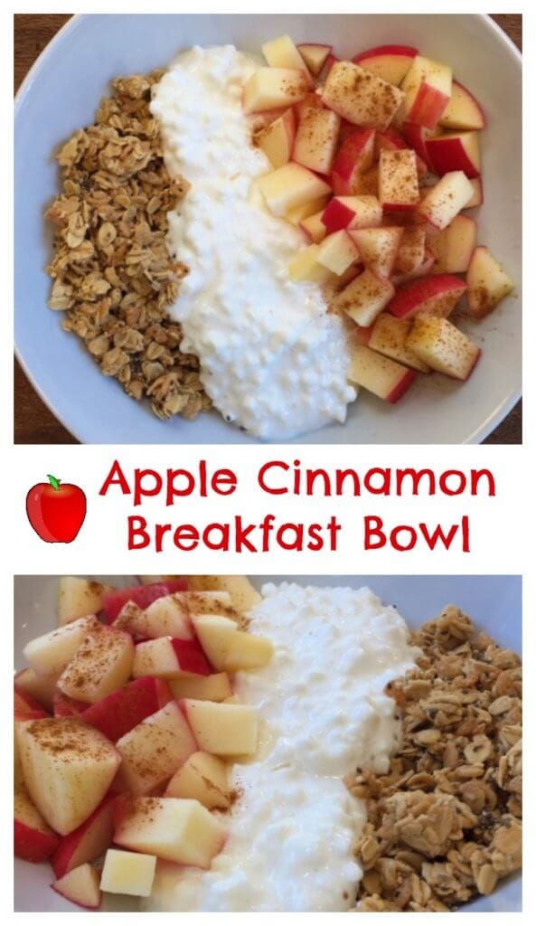 An apple cinnamon breakfast bowl takes less than 5 minutes to make and has the perfect mix of carbohydrates and protein to fuel a busy day! #breakfastbowl #applerecipeshealthy #applerecipeseasy #fallrecipes #kidfriendlyrecipes #kidfreiendlyrecipeshealthy 