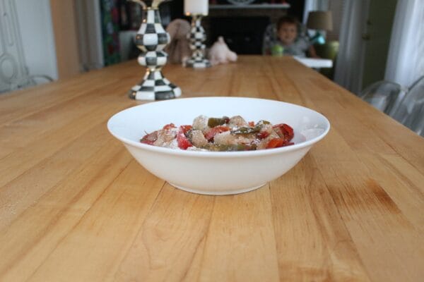 IMG_1482 - Mom to Mom Nutrition Slow Cooker Italian sausage, peppers, and onions simmers for hours to create one simple meal that is delicious served over pasta, crusty bread, or potatoes.