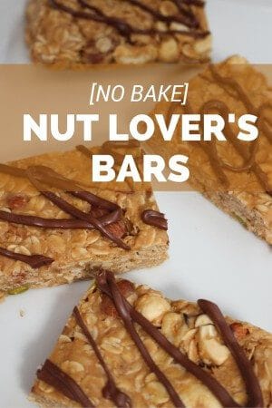 No Bake Nut Lover’s Bars are a combination of smooth peanut butter and chopped nuts, packed with healthy fats and protein, and topped with a drizzle of hazelnut spread.