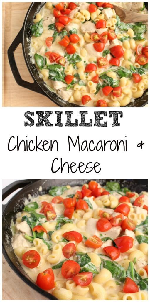 PicMonkey Collage - Mom to Mom Nutrition Skillet Chicken, Macaroni and Cheese is made with a homemade cheese sauce, seasoned chicken, and fresh veggies. It’s a one-pot pasta your family is sure to devour!