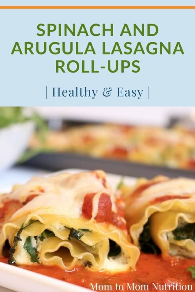 Spinach and arugula lasagna roll-ups are filled with leafy greens, cheese, and marinara sauce. A meal the whole family is sure to enjoy!