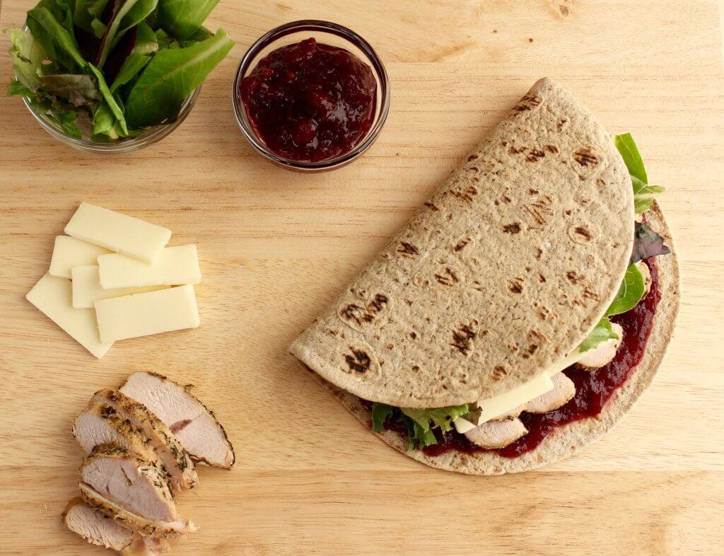 IMG_2097 - Mom to Mom Nutrition The flavors of Thanksgiving leftovers come together with Flatout Flatbread to make one delicious turkey, cranberry and white cheddar sandwich.