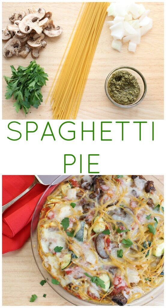 Spaghetti pie is a kid-friendly, calorie-friendly pasta dish baked right in pie dish. Be sure to toss the spaghetti with your family’s favorite pasta add-ins, such as fresh veggies, before baking. #PastaFits #Ad