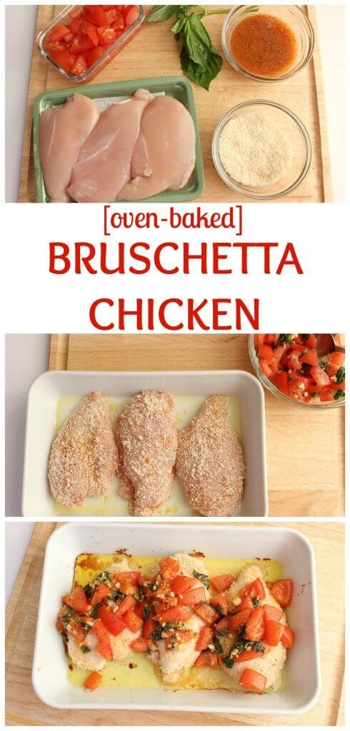 Baked bruschetta chicken breasts are lightly breaded in crunchy panko breadcrumbs and topped with the classic mixture of fresh tomatoes, basil, and garlic.