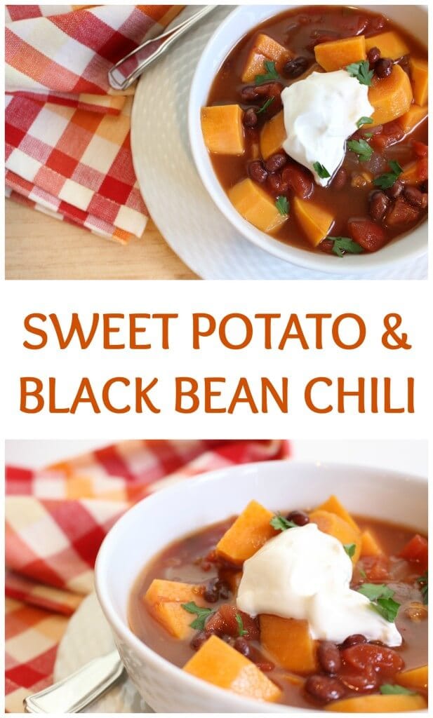 This sweet potato and black bean chili is a hearty vegetarian option perfect for a simple slow cooker dinner and easily frozen another busy weeknight meal.