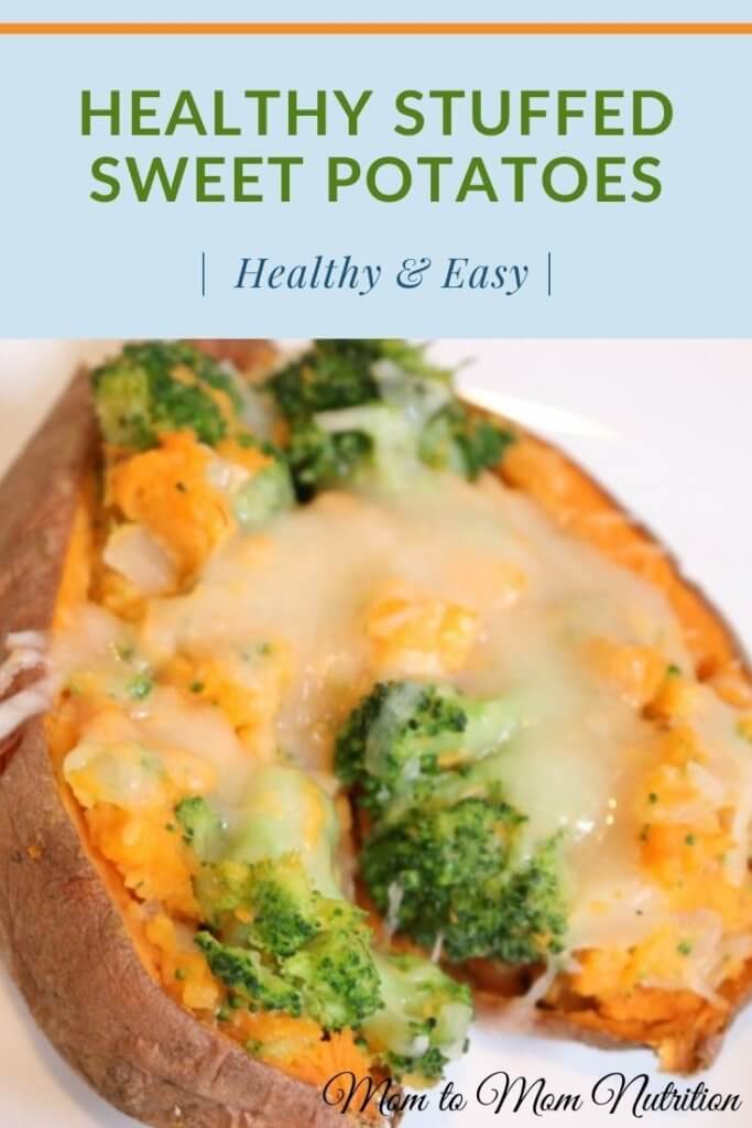 Healthy stuffed sweet potatoes are filled and baked with veggies and cheese, making an easy weeknight meal or a healthy side for dinner. #stuffedsweetpotato #healthystuffedsweetpotato #vegetarianstuffedsweetpotato #bakedstuffedsweetpotato 