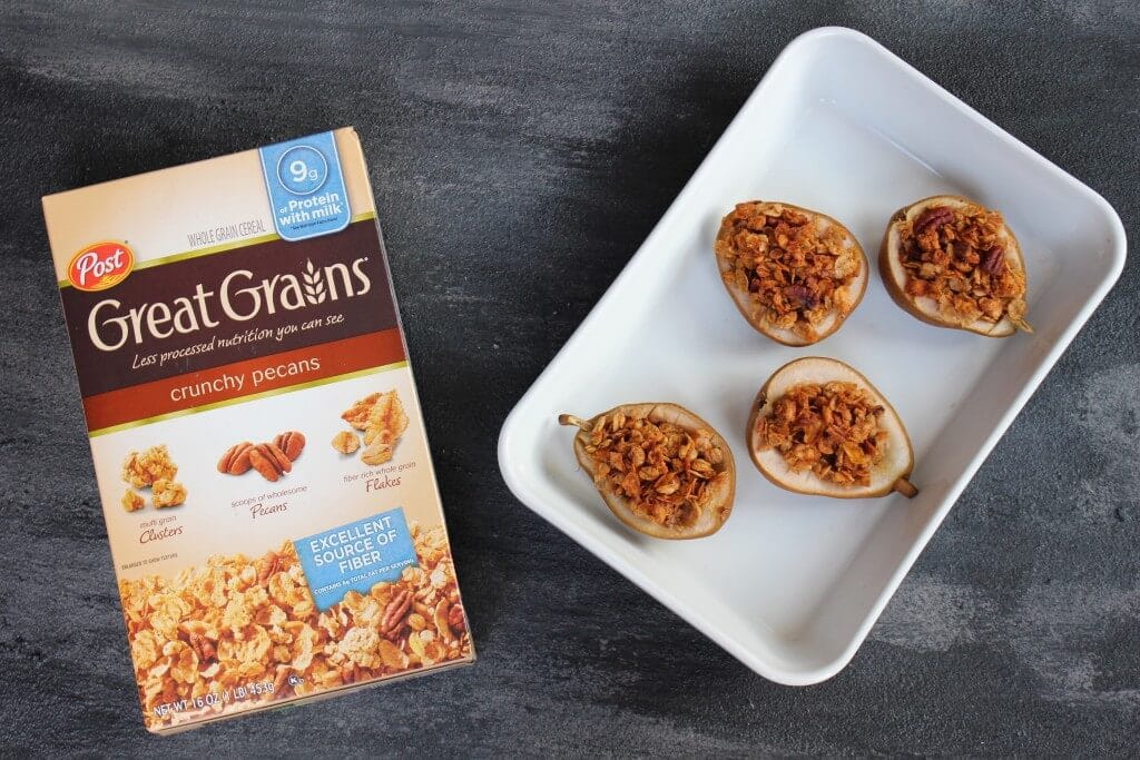 Baked pears with crunchy topping is a mix of great flavors and textures: pears are baked with a whole grain cereal filling and topped off with yogurt. 