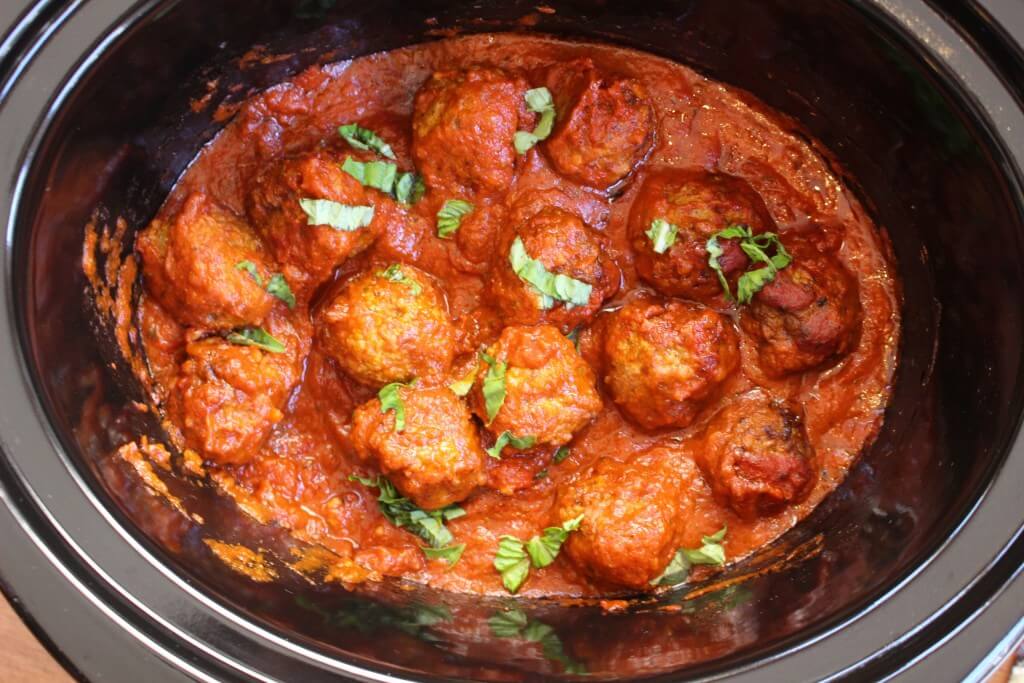 IMG_2236 - Mom to Mom Nutrition Meatballs made with lean ground beef and cooked with a simple tomato sauce in a slow cooker are the perfect cook once dine twice meal!