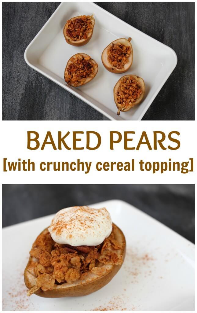 Baked pears with crunchy topping is a mix of great flavors and textures: pears are baked with a whole grain cereal and topped off with yogurt. 