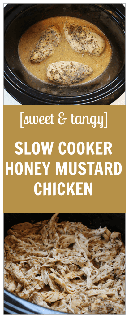 Sweet and tangy slow cooker honey mustard chicken combines simple ingredients for one tasty chicken dish perfect for sandwiches and wraps.