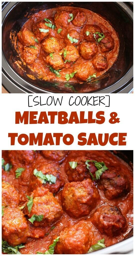 PicMonkey Collage - Mom to Mom Nutrition Meatballs made with lean ground beef and cooked with a simple tomato sauce in a slow cooker are the perfect cook once dine twice meal!