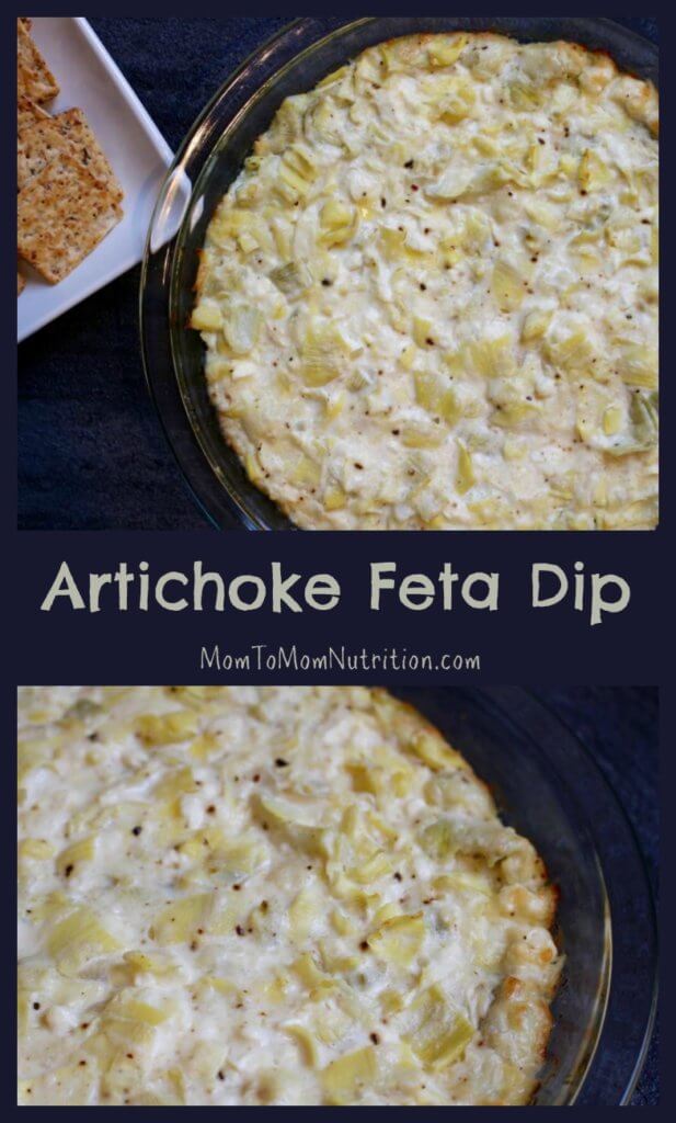 artichokefetadip - Mom to Mom Nutrition Artichoke feta dip is a savory, creamy hot appetizer perfect for any party or celebration. Serve with crackers, crusty bread, or mix in mini phyllo cups!