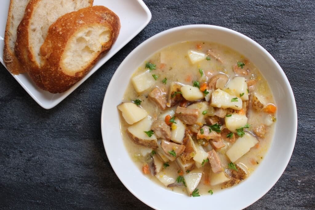 IMG_2254 - Mom to Mom Nutrition Chicken sausage potato soup is a hearty, comforting soup that’s so easy to make and loaded with lots of nutritious, budget-friendly ingredients.