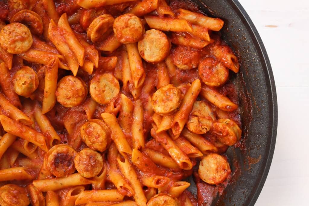 Skillet Ziti with Chicken Sausage takes comfort food to a whole new level with just 4 simple ingredients and one non-stick skillet!