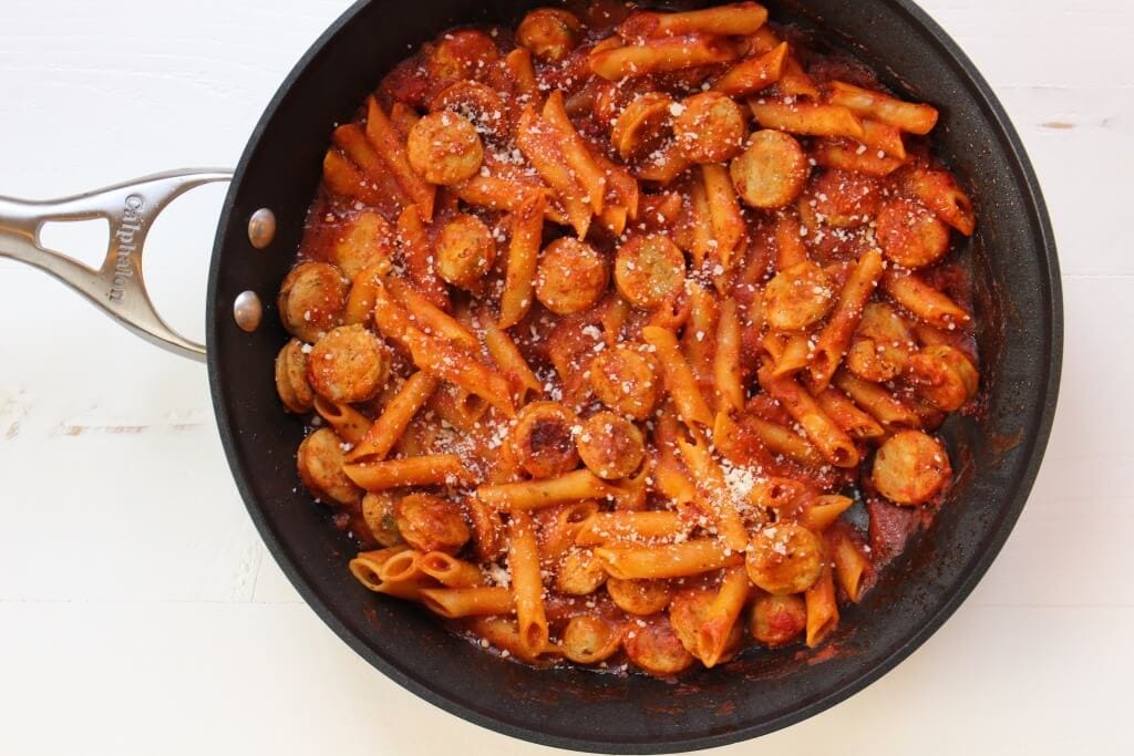 Skillet Ziti with Chicken Sausage takes comfort food to a whole new level with just 4 simple ingredients and one non-stick skillet!