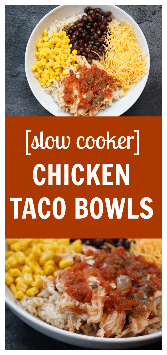 PicMonkey Collage - Mom to Mom Nutrition Chicken taco bowls are made with fresh taco ingredients and slow cooked chicken, and are served on a bed of brown rice for extra whole grain goodness.