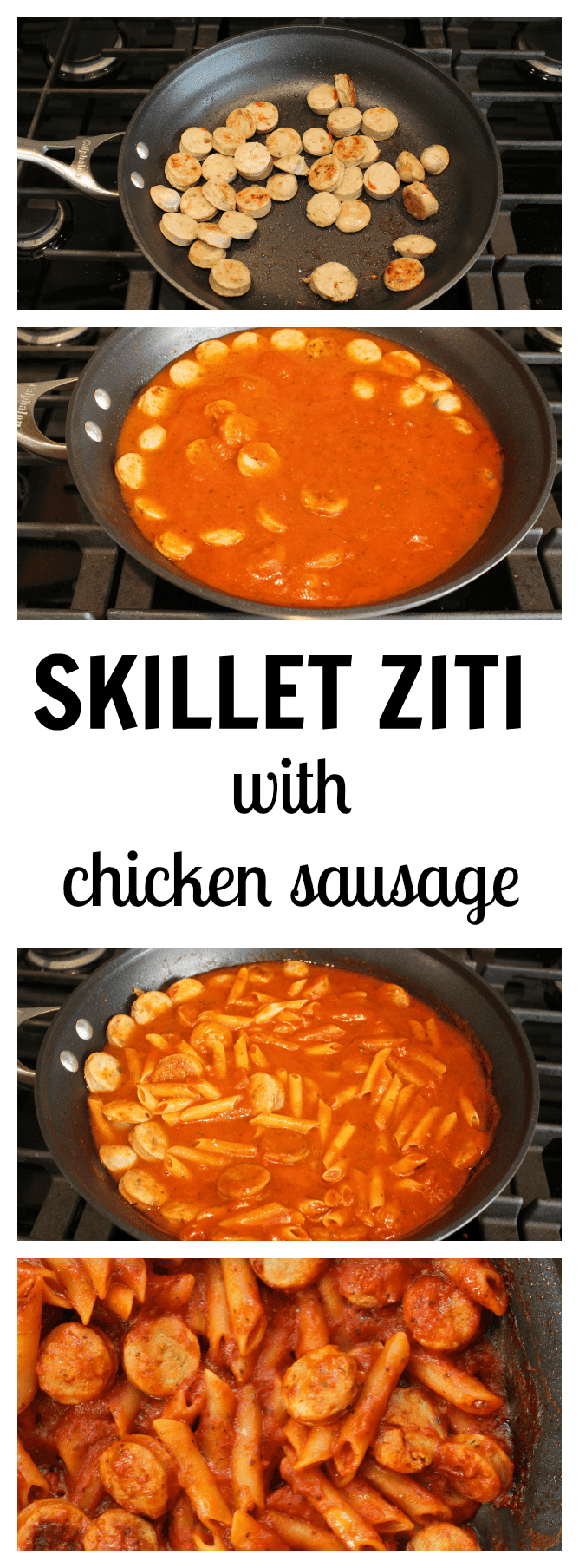 Skillet Ziti with Chicken Sausage takes comfort food to a whole new level with just 4 simple ingredients and one non-stick skillet!