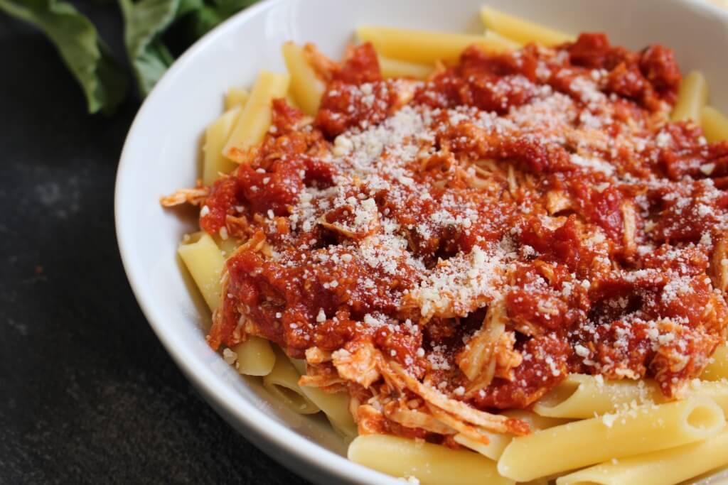 Chicken Parmesan Pasta is a heart-healthy twist on the classic Italian-American dish. Simply skip the breading and frying in oil step, and serve up with a big bowl of whole wheat pasta!