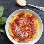 Chicken Parmesan Pasta is a heart-healthy twist on the classic Italian-American dish. Simply skip the breading and frying in oil step, and serve up with a big bowl of whole wheat pasta!