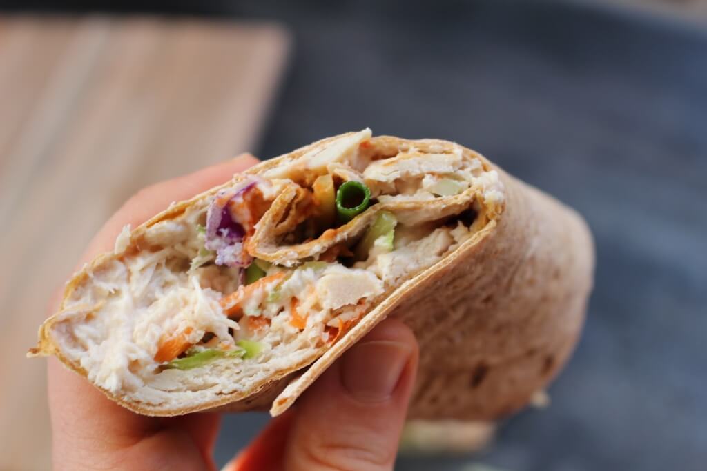 Thai Chicken Salad Wraps make a light and refreshing healthy lunch made in less than 10 minutes with precooked chicken and fiber-filled flatbread.