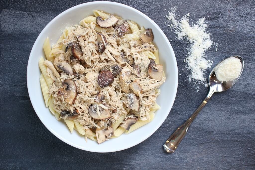 Herbed Chicken and Mushroom Skillet is a simple weeknight meal filled with earthy flavors and made kid-friendly with penne pasta and a sprinkle or two of Parmesan cheese! 