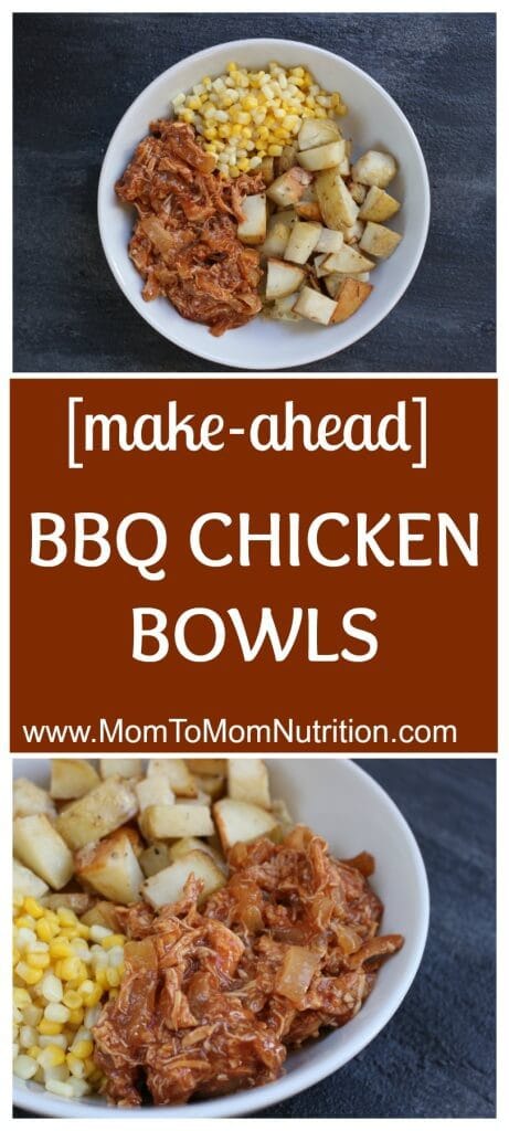 BBQ Chicken Bowls with slow cooked BBQ chicken, onions, roasted potatoes and corn make a simple make-ahead meal that are easily reheated for any busy weeknight.
