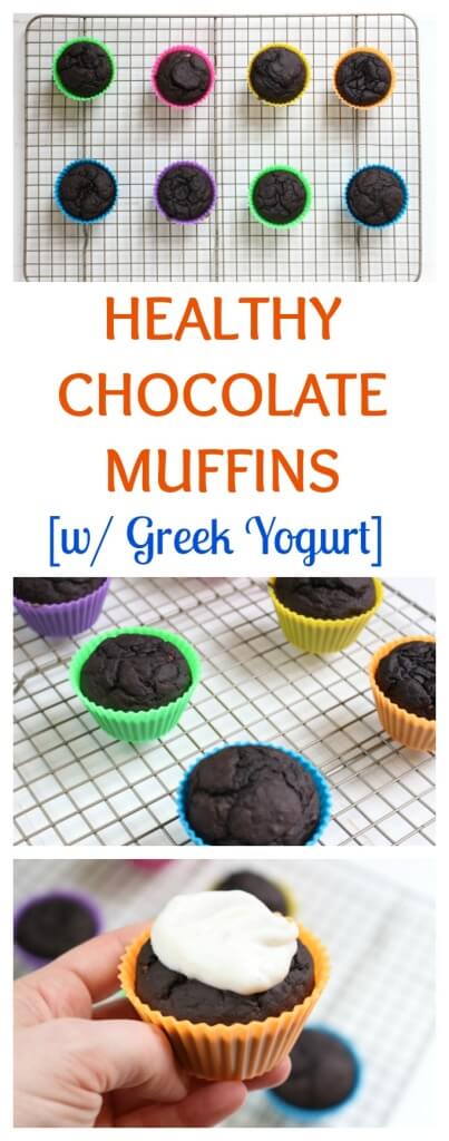 Healthy Chocolate Muffins are made with simple ingredients like cocoa powder, banana, and Greek yogurt, making the perfect mix for a moist and somewhat dense muffin! #healthychocolatemuffins #healthymuffinrecipes #greekyogurtrecipes #thebestchocolatemuffins #breakfastrecipes #chocolatemuffins #dessertrecipes