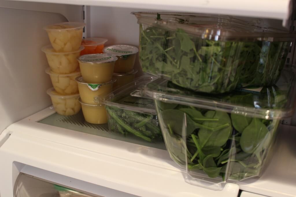 The spot in our fridge for the healthy foods that do not need prepping! Not pictured: All our dairy foods! Such as milk, shredded cheese, cottage cheese, and yogurt. 