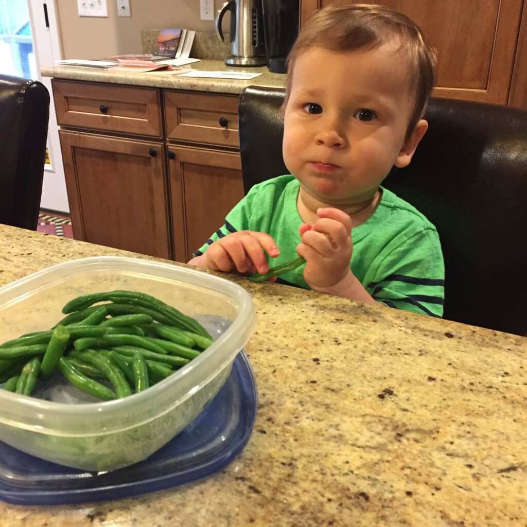 One of my favorite pictures of Joey post nap. He wanted a snack and Mom pulled out the washed and steamed green beans for snacking. He ate a few.... which is more than I could have asked for! 